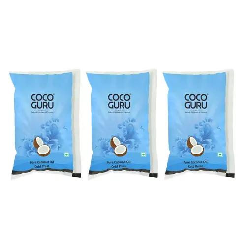 Cocoguru Cold Pressed Coconut Oil – Pouch 1 Litre (Pack of 3)