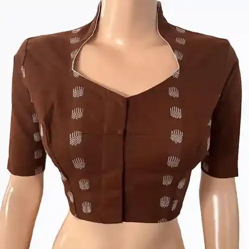 Jacquard Handloom High neck Blouse with Lining - Brown