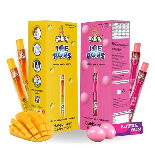 SKIPPI ICE POPS 100% Natural Freezer Pops,Juice Bars,Ice Pops-Bubble Gum&Mango Flavors(12+12 Pops Boxes)