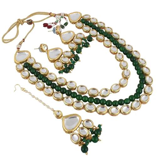 Gold Plated(18k) Stone Necklace With Earrings - Green