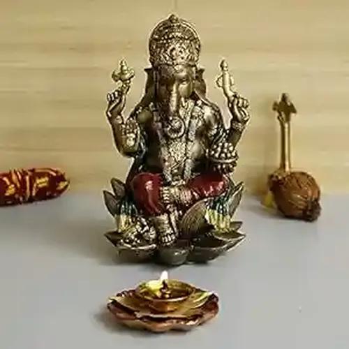 WEBELKART Antique Cold Cast Resin Lord Ganesh Idol, God of Health & Wealth Diwali Gifts Home Décor (Size: 3.00")