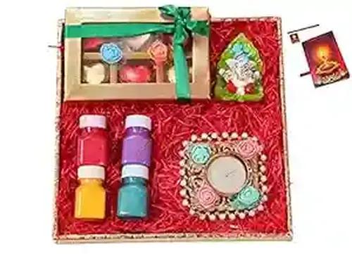 Diwali chocolate gift hamper/Diwali chocolates/Diwali gifts/Diwali gift hamper-Designer tray+ box of Handcrafted Chocolates+Designer diya+Showpiece figurine+rangoli colours+Deepawali greeting card