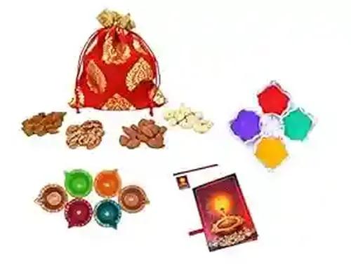 MANTOUSS Diwali Dry Fruit Red Exclusive Potli-Cashew,Almond,Walnut and Raisin (50gms Each) 200gms + 2 Cute diyas, Rangoli Colours and Diwali Greeting