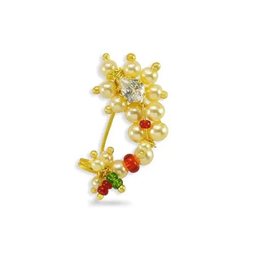 JEWELOPIA Maharashtrian Nath Nose pin Small Size Traditional Diamond Marathi Nose Stud non piercing Pearl Gold Plated Nath Clip On For Girls and Women