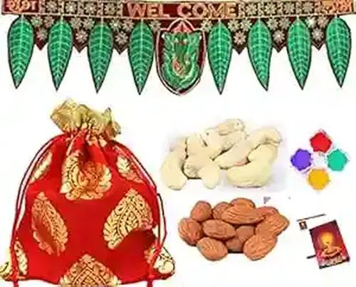 MANTOUSS Diwali Celebrations Gift Hamper/Diwali Gift Box-Designer potli with Almond and Cashew+Ganesha toran/bandherwal for Home Decor+4 Rangoli Colours+Diwali Greeting Card