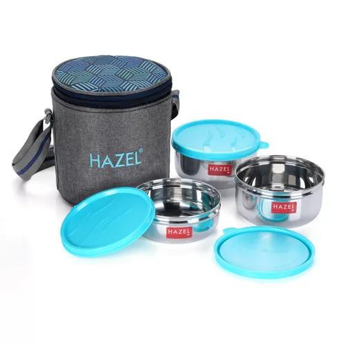 HAZEL Stainless Steel Lunch Box with Lunch Box Bag | Steel Box Set of 3 Air Tight Tiffin Boxes Leak Proof with Cylindrical Lunch Bag with Strap