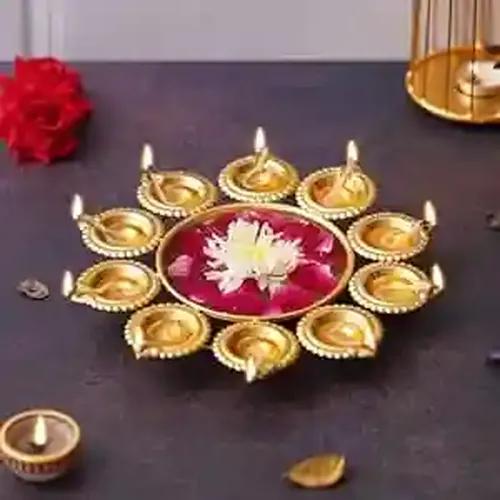 WEBELKART Gold Plated Round Diya Shape Decorative Urli Bowl for Home Handcrafted Bowl for Floating Flowers Home,Office and Table Decor| Diwali Decoration (10 Inches Gold Plated)