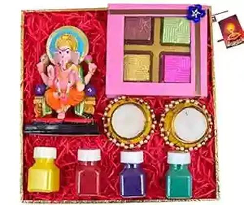 Diwali gifts for friends and family/diwali gifts/diwali chocolate gift/diwali gift box-decorated diya+Chocolate box+Showpiece figurine+2 moti candle+4 Rangoli Colours+Diwali Greeting Card