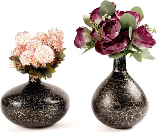 Behoma Metal Flower Vase for Home Decor Bedroom Living Room Office Wedding | Table Decorative Item for Festivals Birthday Crackle Finish (Flower Not Included) (Set of 2)