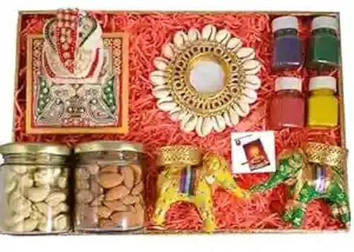 MANTOUSS diwali gifts/diwali gift hamper/diwali dry fruits gift box-decorated rectangular tray+jar of almond and cashew(100gms each)+Chowki ganesh+pair of hathi candle+kodi candle holder+Diwali card