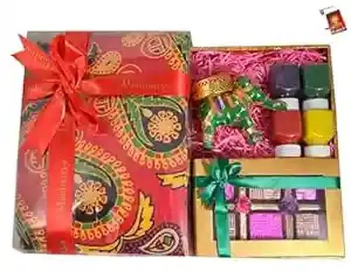 Diwali gift box/diwali gift pack/diwali gifts for employees/diwali gift hampers-decorated tray-chocolate box+elephant shaped candle holder+Mandala bedsheet+4 Rangoli Colours+Diwali Greeting Card