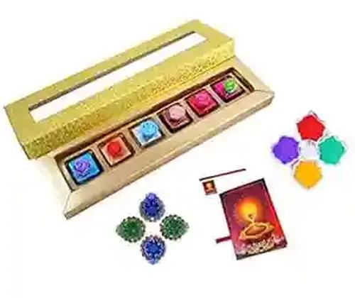 MANTOUSS Deepawali Luxury Chocolate Hamper (Golden) + 2 earthern Diya, Diwali Greeting Card and Rangoli Colours