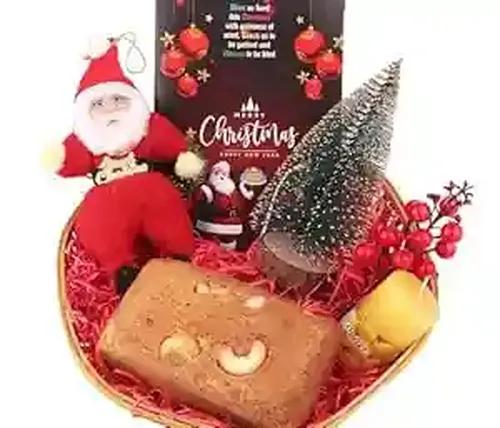 Christmas gift box/Christmas gifts/christmas gift hamper/christmas cake-Plum cake+Santa Clause soft toy+Table top christmas tree+Scented candle+Christmas greeting card