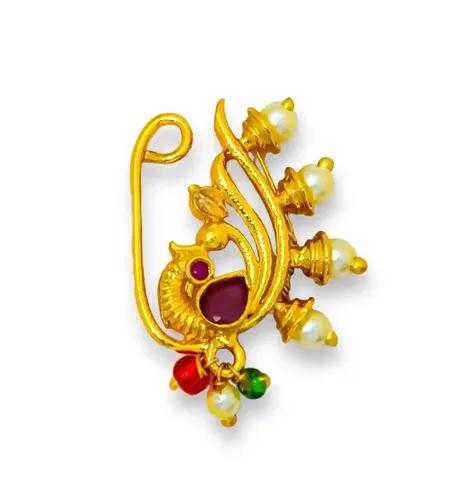 JEWELOPIA Maharashtrian Nath CZ Nose pin Traditional Bridal Wedding Jewellery Marathi Nose Stud non piercing Gold Plated Clip On Press Nose Ring For Girls