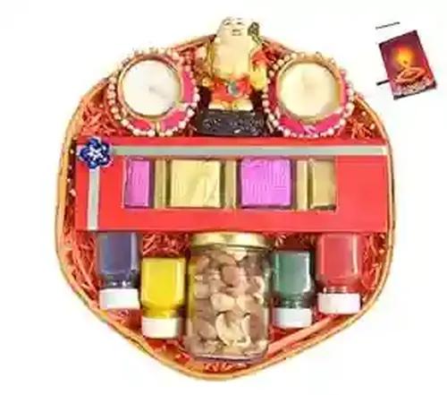 Diwali Gift for Corporate Gifting/Diwali Gift Hamper/Diwali Chocolate Gift-Decorated Basket+Decorated Basket+1 jar of Mixed Dry Fruit+1 Showpiece Figurine+2 Designer Diya+4 Rangoli Colours+Card