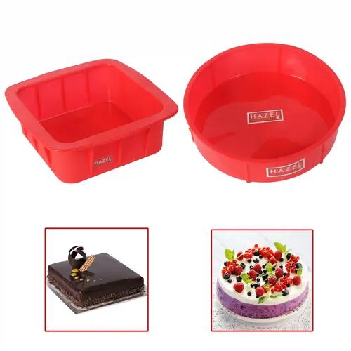 HAZEL Small Silicone Square and Round Shape Cake Mould for Half Kg, 2 Pcs, Red