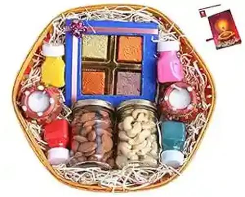 MANTOUSS Diwali Gift hampers with Dry Fruits/Dry Fruits Combo Pack-Decorated Basket+2 Jars of Dry Fruits(Almond and Cashew)+Chocolate Gift Box+2 Wax Filled matki Diya+4 Rangoli Colours+Diwali Card