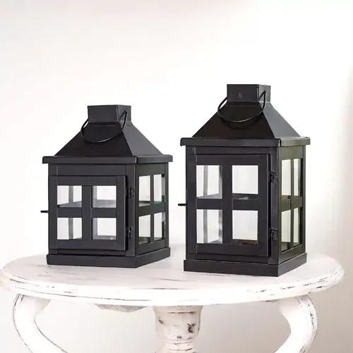 Behoma Vintage Style Candle Lantern Metal and Glass for Home Decoration, Lantern for Table-top and Wall-Hanging | Indoor and Outdoor | Matte Black Color Set of 2(Candle/Lights NOT Included)