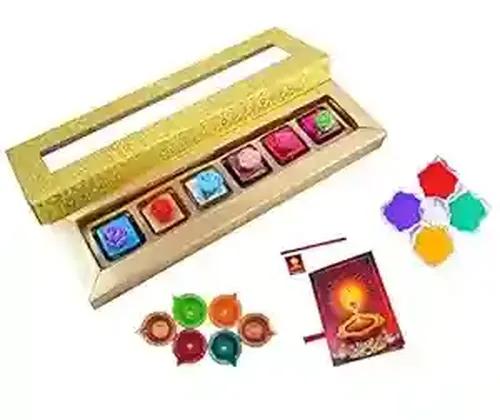 MANTOUSS Deepawali Luxury Chocolate Hamper (Golden) + 2 Cute Diya, Diwali Greeting Card and Rangoli Colours