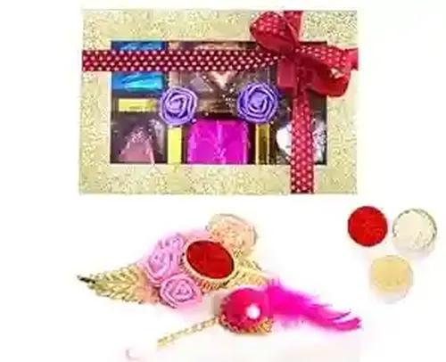 Bhai dooj tika/bhai dooj gift set for brother/bhai dooj tika thali/bhai dooj puja thali set/bhai dooj ke liye thali-Box of fruit and nut chocolate+puja thali+roli chawal chandan