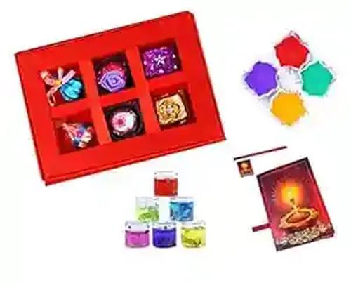 MANTOUSS Diwali Chocolate Gift in Premium Red Satin Box + 2 Gel Filled Glass Candle, Diwali Greeting Card and Rangoli Colours