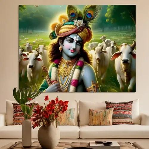 Bittybopp Shree Krishna Canvas Print |Stretched Frame |Canvas wall painting| Wall Decor |Home Decor (24x18 Inches)