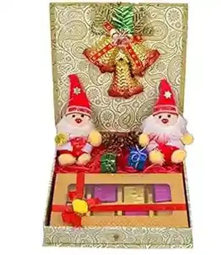 Christmas corporate gift hamper/Christmas gift for employees-Decorated box+handcrafted chocolate+2 santa claus soft toy+2 pine cone+2 gift(Christmas tree decoration items)+Christmas bell hangings+Card