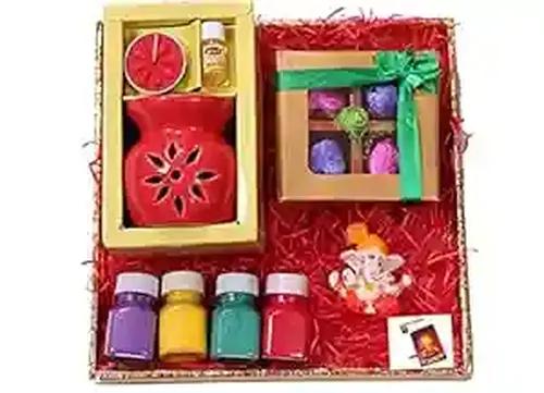 Diwali gifts for employees/Diwali chocolate gift pack/Diwali gift items-designer tray+Handmade Chocolate box+figurine showpiece+ceramic oil diffuser+rangoli colours +Diwali greeting card