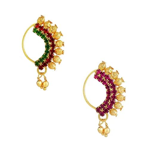 JEWELOPIA Maharashtrian Nath CZ Nose Stud Traditional Bridal Nath Wedding Jewellery Marathi AD Nose Stud Clip on Gold Plated Pressing Nath Nose Ring For Girls