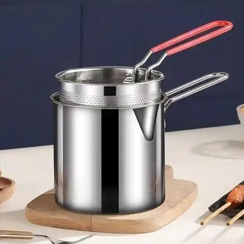 Japanese 1200ml Small Stainless Steel Frying Pot Detachable Fryer Pan with Strainer for Fried Chicken Legs, French Fries, Cooking Tools Household Mini Kitchen Oil Strainer (Silver, 1-Pcs)