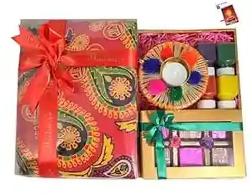 Diwali gift box/diwali gift pack/diwali gifts for employees/diwali chocolate gift-decorated tray+chocolate box+designer candle holder with tealight+Mandala bedsheet+4 Rangoli Colours+Diwali Card