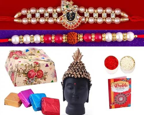 Rakhi For Brother With Chocolates/Rakhi Gift With Sweets/Rakhi For Brother With Gift Combo Set-2 Kundan Rakhi+Chocolate Box+Showpiece Figurine+Roli Chawal Tika+Raksha Bandhan Greeting Card