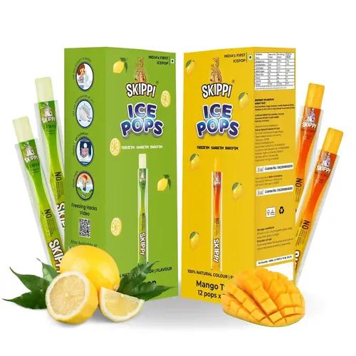 SKIPPI ICE POPS 100% Natural Freezer Pops, Juice Bars, Ice Pops - Lemon & Mango Flavors (12+12 Pops Boxes)