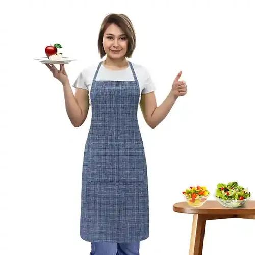 Oasis Blue Mini Checked Cotton Kitchen Apron |Free Size | Comfortable To Wear With Center Pocket |Pack Of 1