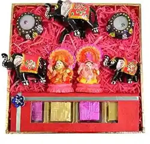 MANTOUSS diwali gift for family/diwali gift pack/diwali gift items-decorated tray+Handcrafted chocolate box+2Matki diya+Set of 3 elephant for decor+Showpiece Figurine+Deepawali Greeting Card