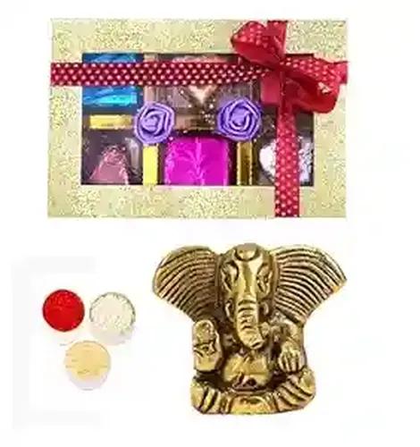 Bhaiya dooj roli chawal/bhaiya dooj tika set/bhai dooj gift set for brother/bhai dooj gift hamper/bhai dooj roli chawal-chocolate box+Showpiece figurine+roli,chawal and chandan