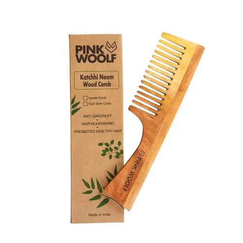 PINK WOOLF Neem Wood Comb for Women, Natural and Eco-Friendly | Anti-Bacterial Hair Styling Comb with Wide Teeth Comb, Control Frizz, With Handle. Made in India