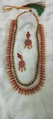 Real Kemp Stone Choker Necklace Set for Women - Red & Green