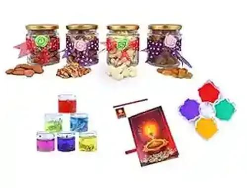 MANTOUSS Exclusive Diwali Dry Fruit Decorative Glass Jar-Cashew,Almond,Walnut and Raisin (100gms Each),400 GMS+ 2 Gel Filled Glass Candle, Diwali Greeting Card and Rangoli Colours