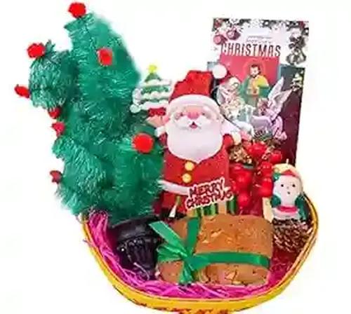 Christmas Cake Gifts/Christmas Plum Cake/Christmas Gifts/Christmas Gift Hamper-Decorated Basket+150gms Cake+Christmas Tree+Santa Claus Candle+Bunch of Decorative Cherry+Pine Cone+Christmas hangings