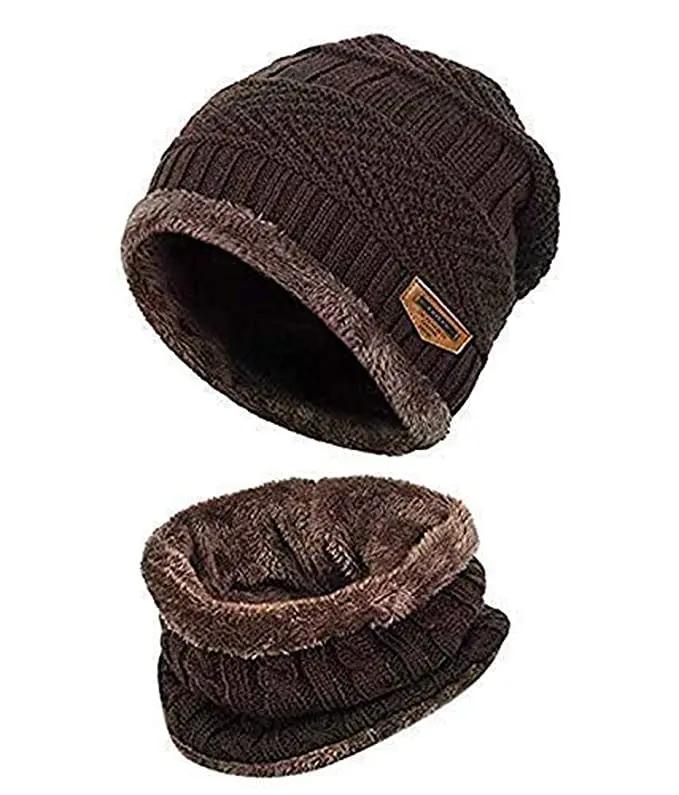 YOUTH ROBE - Premium Brand Knitted Winter Cap & Neck Scarf with fleece,Unisex Beanie Cap with Neck Warmer, Thermal Cap, Fluffy Woolen Cap (set of gloves and cap) Brown