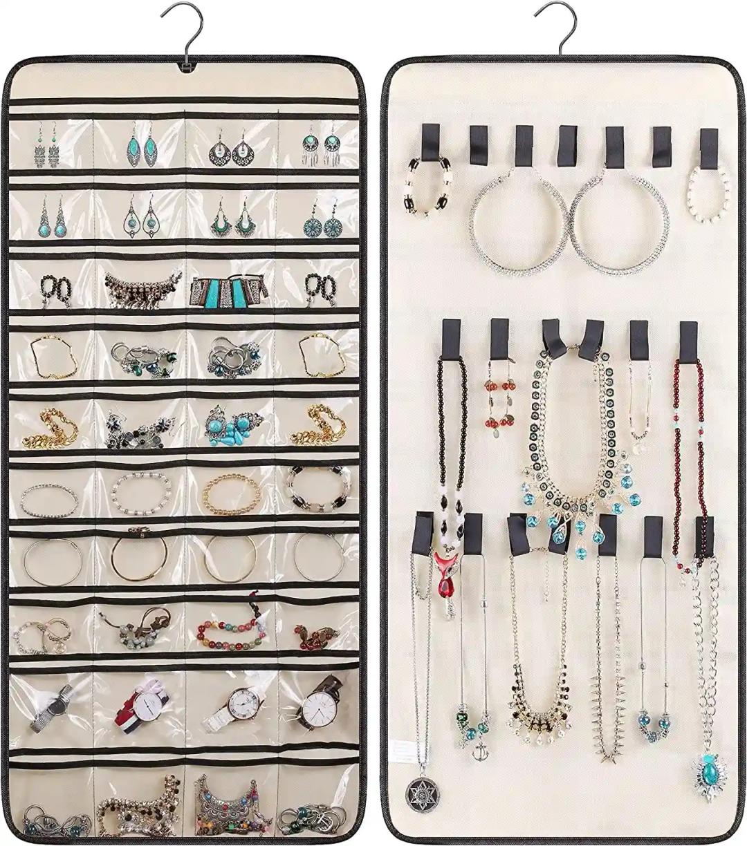 FAB ELLITE Hanging Jewelry Organizer,Double Sided Jewelry Storage with Hanger,24 Clear PVC Pockets and 15 hook loops for Holding Necklaces, Bracelets, Rings, Earrings (Jewelry)