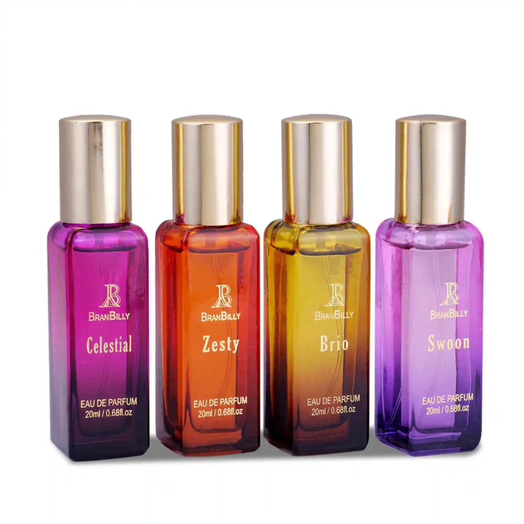 Branbilly Eau de Parfum Set of 4 Fragrances For Men and Women, 20ml each - Zesty, Swoon, Brio, Celestial