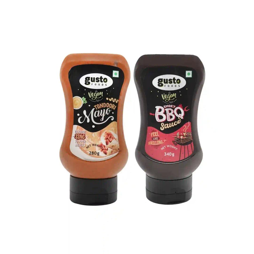 Gusto Foods Tandoori Mayonnaise (280gm) And Barbeuqe Sauce (340gm) Combo (1 Each) | Spicy and Creamy Tandoori Flavoured Mayo Dip Sauce | Grilled American Flavoured Tangy Hot Barbeque Dip Sauce