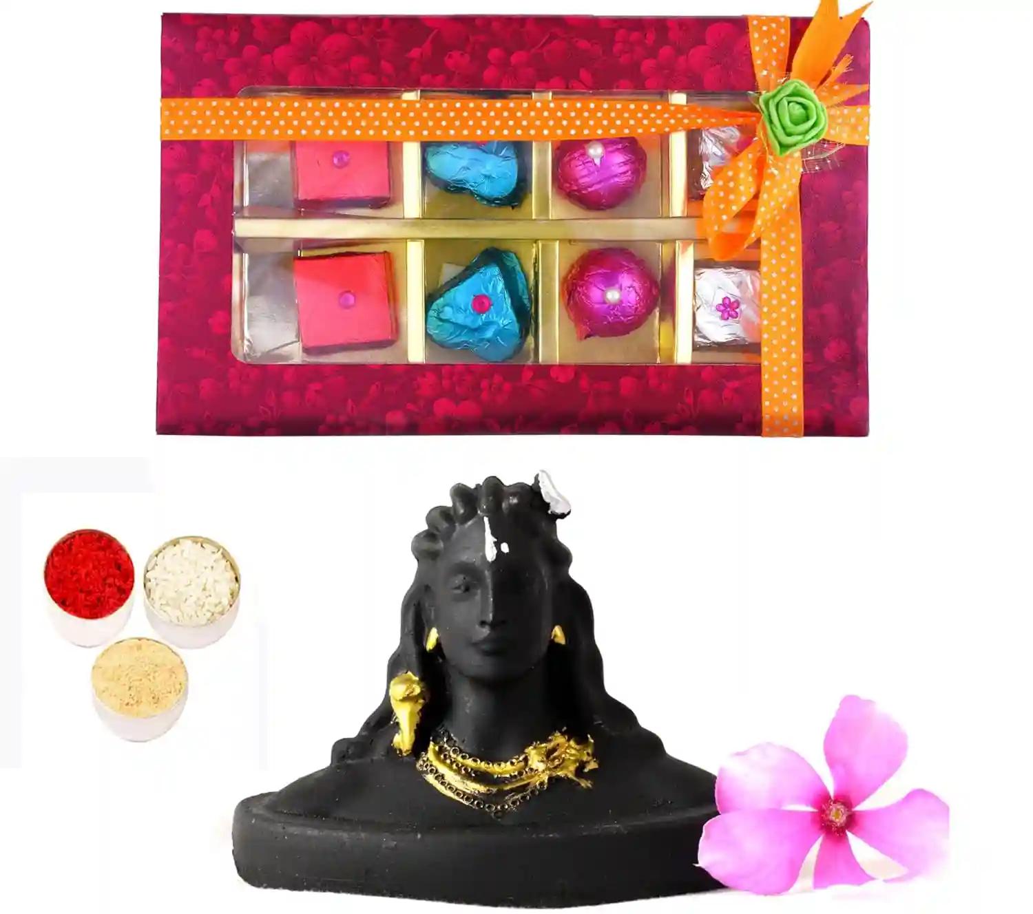 Bhai dooj gift hamper/bhai dooj chocolate gift for brother/bhai dooj gift set for brother/bhaiya dooj roli chawal-chocolates in a handmade box+shopwpiece figurine+roli chawal chandan