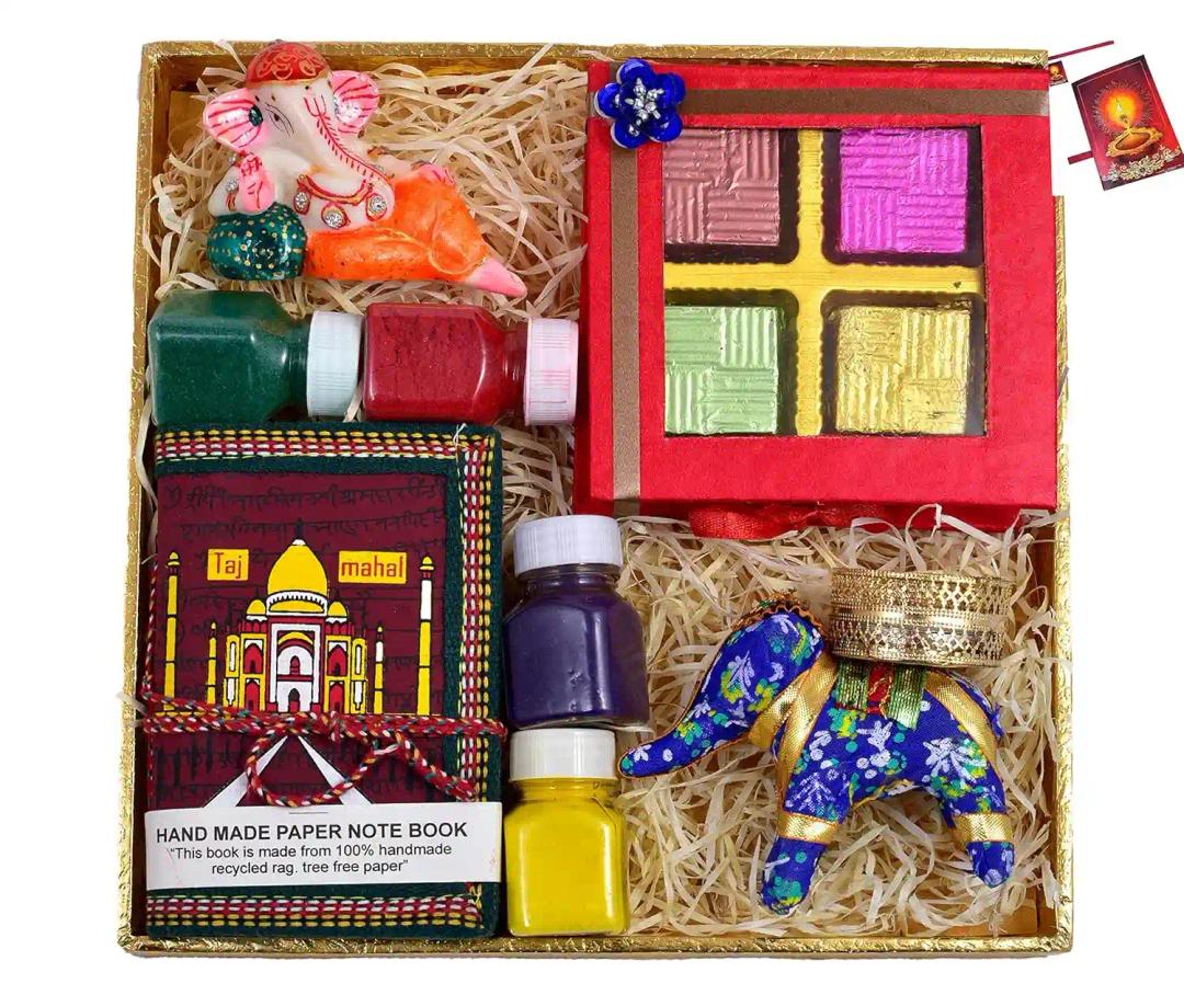 Diwali gift hampers/Diwali gifts/diwali gifts for friends and family-decorated tray+chocolate box+Showpiece figurine+Handmade diary+Pair of Elephant Shape Candle Holder+4 Rangoli Colours+Greeting Card