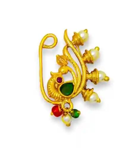 JEWELOPIA Maharashtrian Nath CZ Nose pin Traditional Bridal Wedding Jewellery Marathi Nose Stud non piercing Clip On Press Nath Nose Ring For Girls(Emerald)