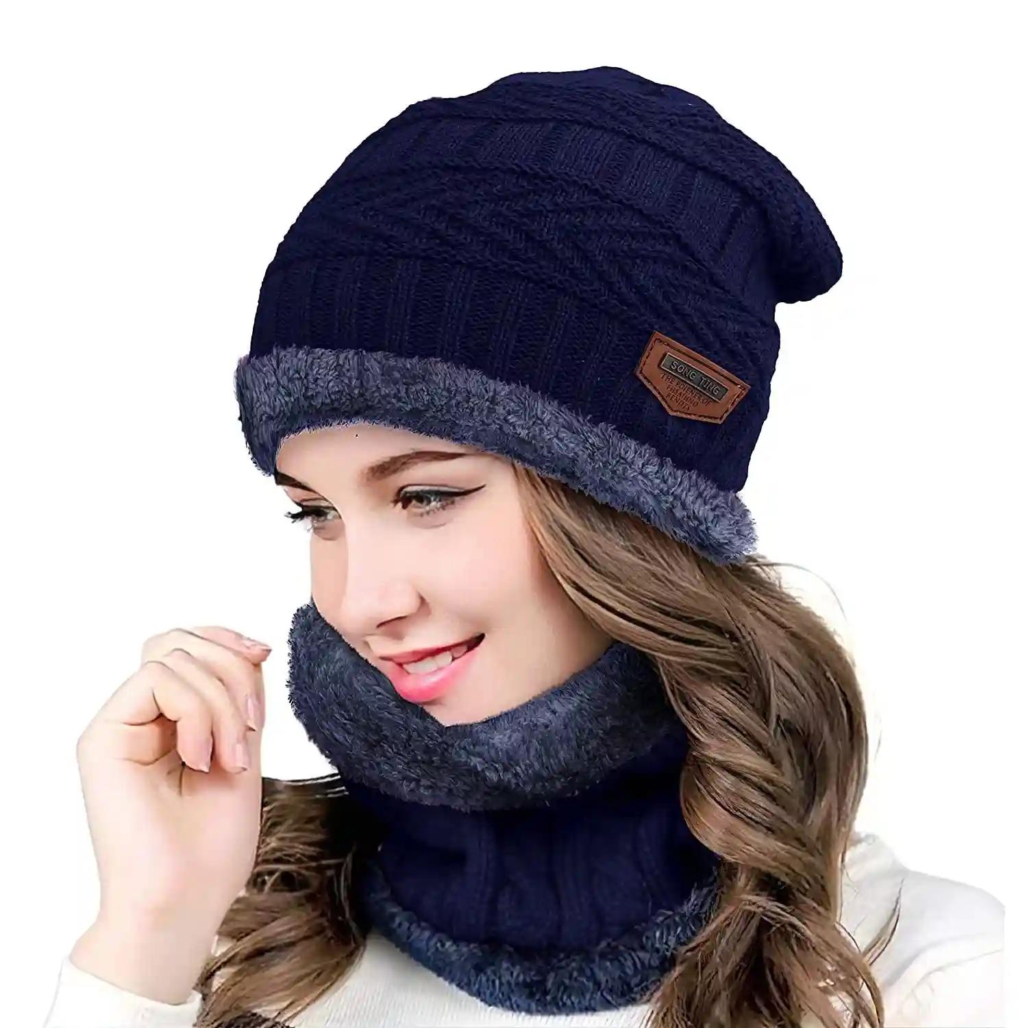 YOUTH ROBE - Premium Brand Knitted Winter Cap & Neck Scarf with fleece,Unisex Beanie Cap with Neck Warmer,Thermal Cap, Fluffy Woolen Cap (set of gloves and cap) Blue