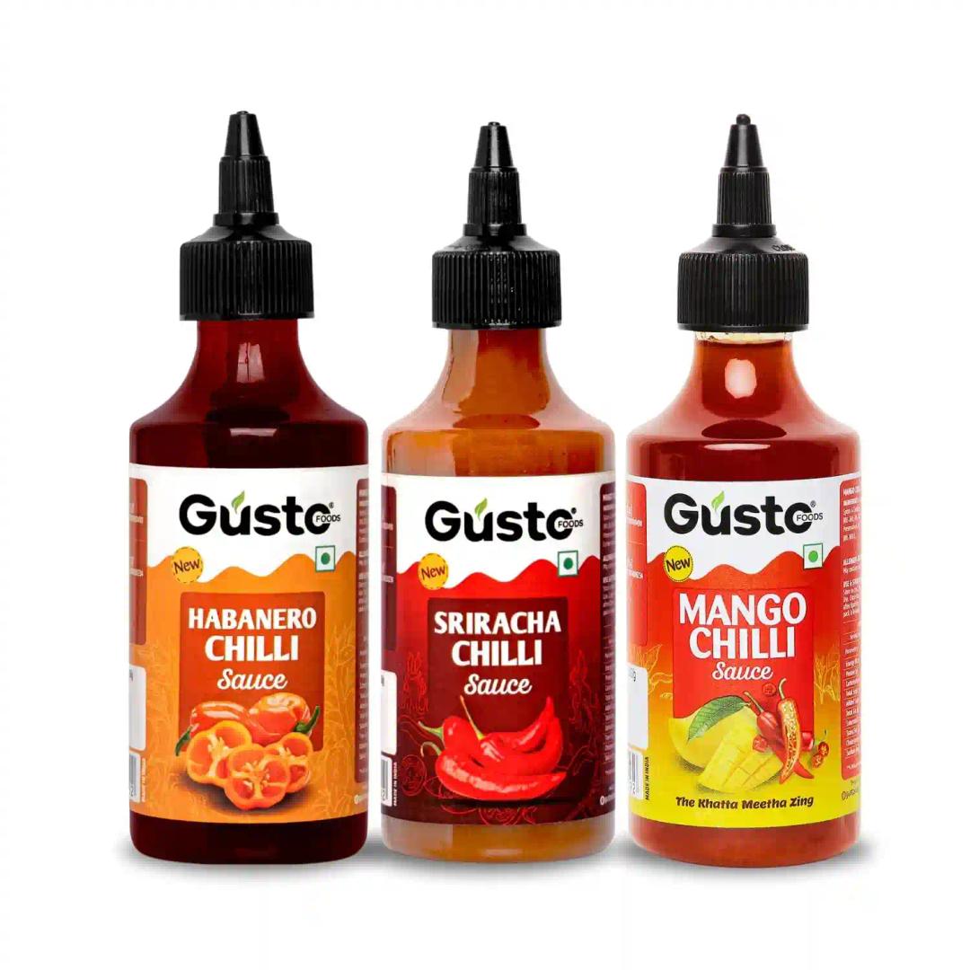 Gusto Foods Sauce - Sriracha, Habanero, Mango Chilli Sauce | Pack of 3 Gourmet Sauces | Spicy, Tangy & Sweet Flavors for Cooking & Dipping | Gift Pack Combo | 1.1kg