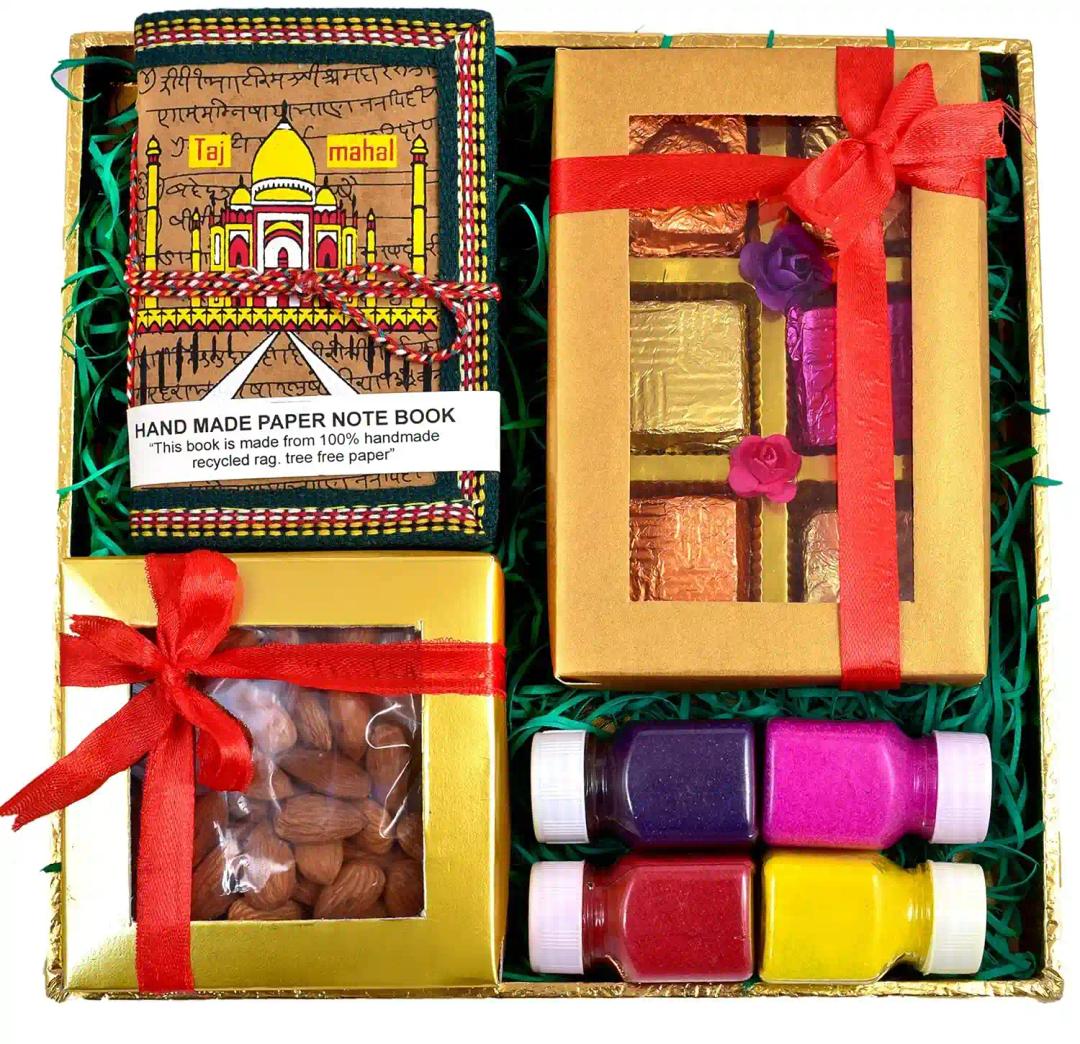 Diwali dry fruits gift box/diwali gift fry fruit/diwali dry fruit gift pack/diwali gifts-decorated tray+box of almonds+Handcrafted chocolate box+Handmade diary+4 Rangoli Colours+Diwali greeting Card